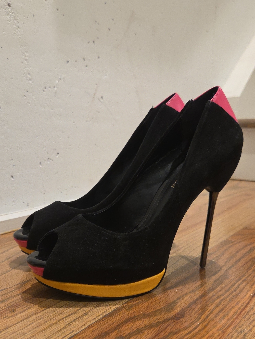 Aldo Black Suede Peep-Toe Heels with Pink Heel Collar and Yellow Platform